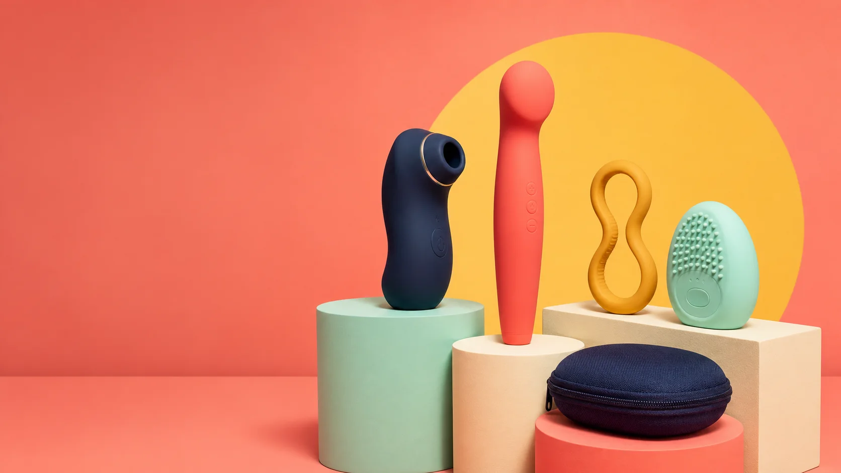A curated group of colorful, discreet adult-wellness products on studio plinths